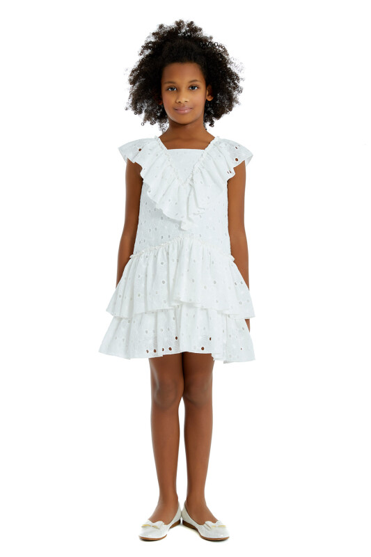 Ecru Girl Frilly Brode Dress 4-8 AGE 