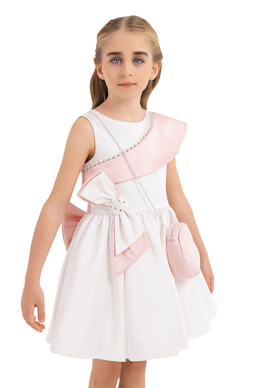 Ecru Scarf-collar Dress for Girls 4-8 AGE - 3