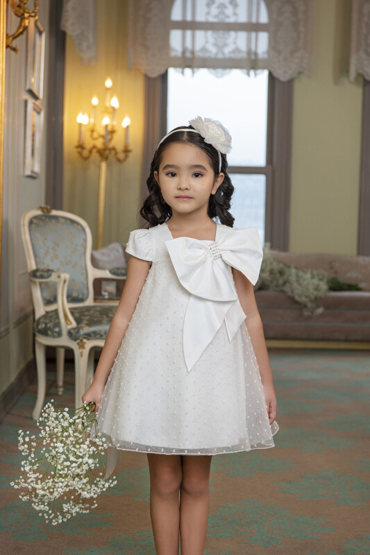 Ecru Square-neck dress for girls 2-6 AGE - 4