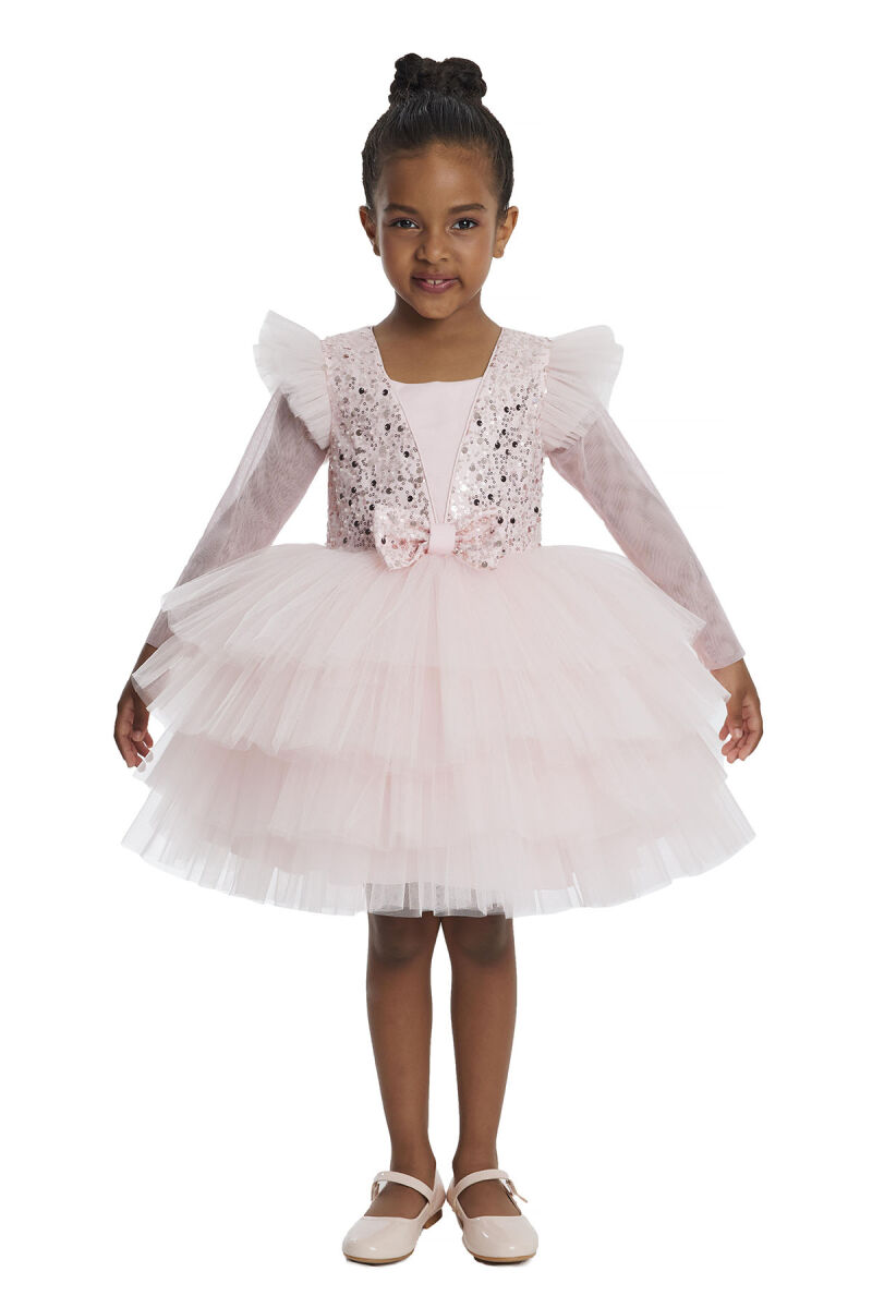 Powder Long-sleeved Girl's Tulle Dress 3-7 AGE - 1