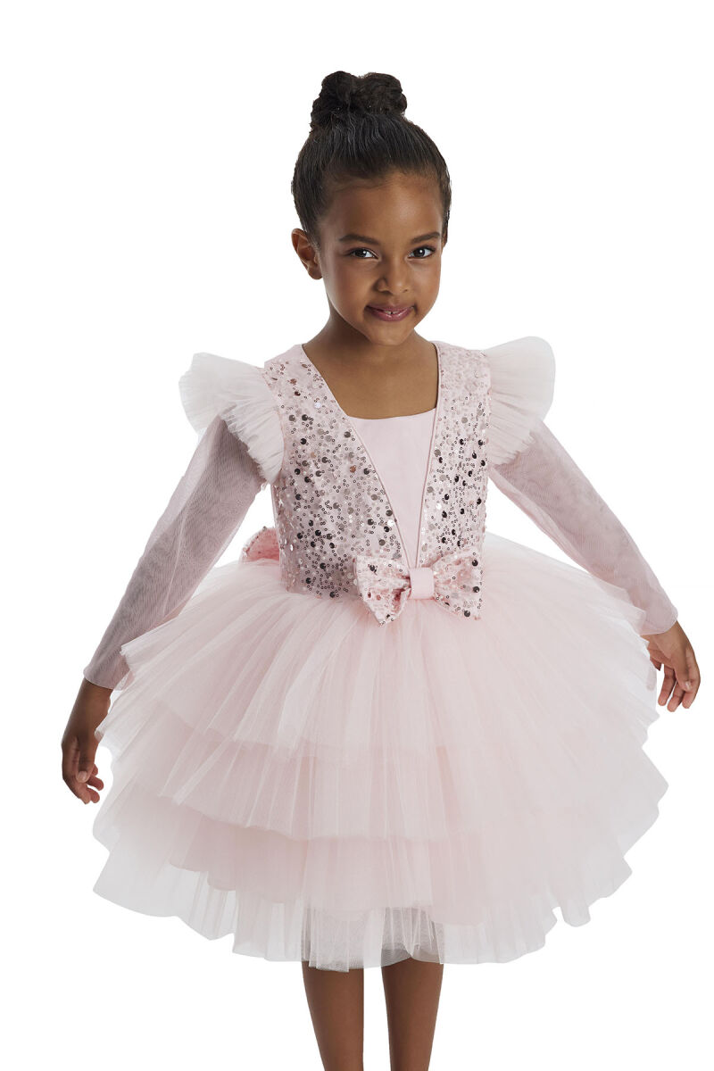 Powder Long-sleeved Girl's Tulle Dress 3-7 AGE - 4