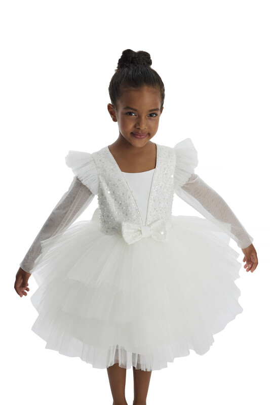 Ecru Long-sleeved Girl's Tulle Dress 3-7 AGE - 2