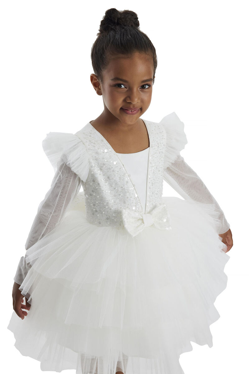 Ecru Long-sleeved Girl's Tulle Dress 3-7 AGE - 3