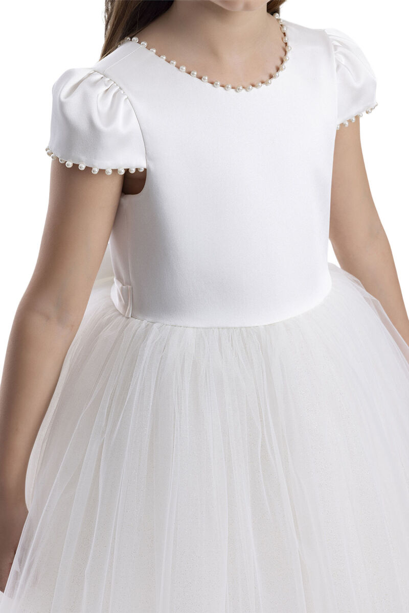 Ecru Pearl-Embroidered Girls Dress 8-12 AGE - 5