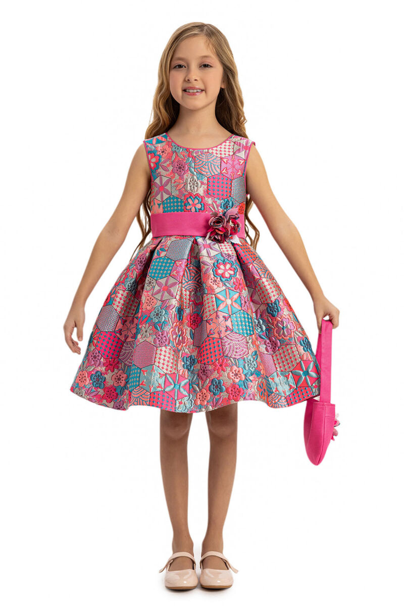 Pink Jacquard Patterned Dress with Matching Bag 3-7 AGE - 3