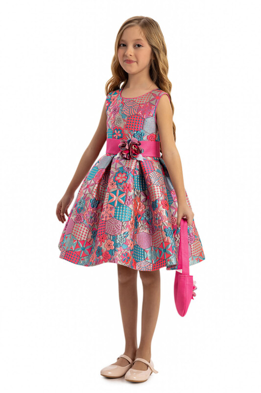 Pink Jacquard Patterned Dress with Matching Bag 3-7 AGE - 4