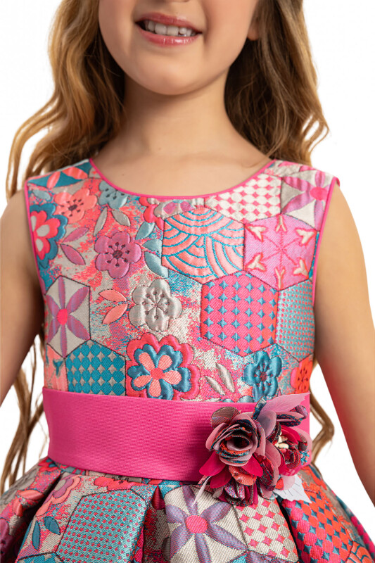 Pink Jacquard Patterned Dress with Matching Bag 3-7 AGE - 5