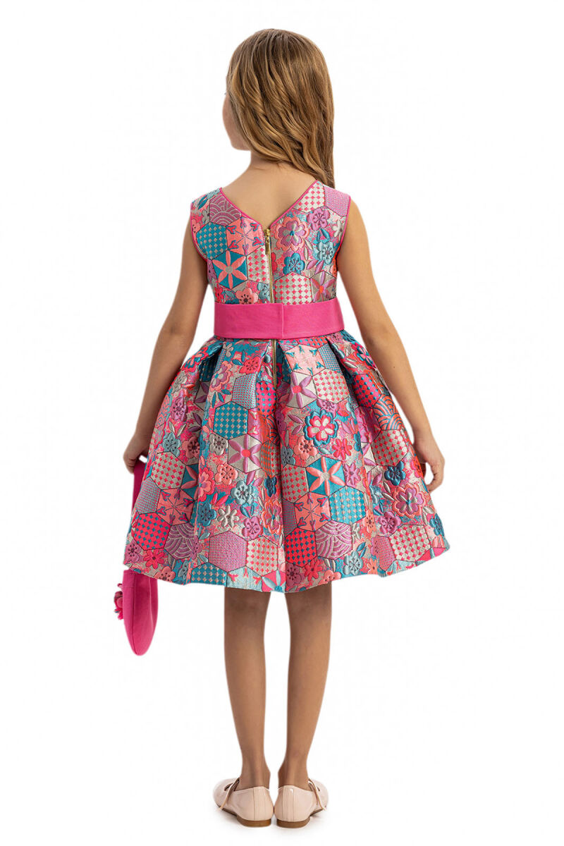 Pink Jacquard Patterned Dress with Matching Bag 3-7 AGE - 8