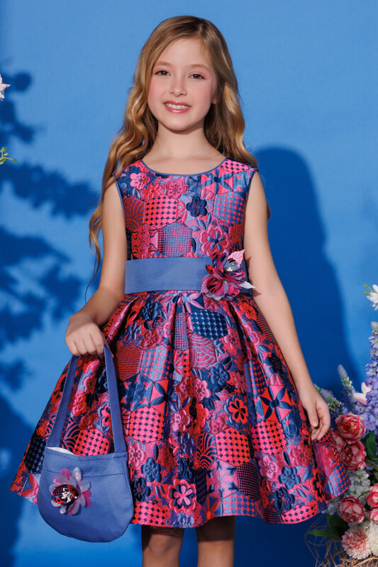 Blue Jacquard Patterned Dress with Matching Bag 3-7 AGE 