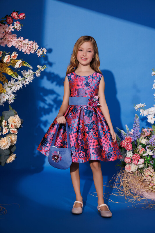 Blue Jacquard Patterned Dress with Matching Bag 3-7 AGE - 2