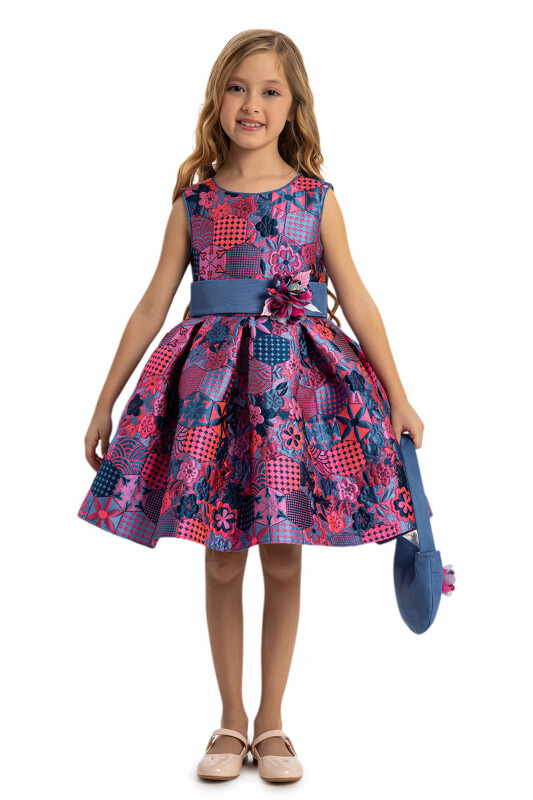 Blue Jacquard Patterned Dress with Matching Bag 3-7 AGE - 4