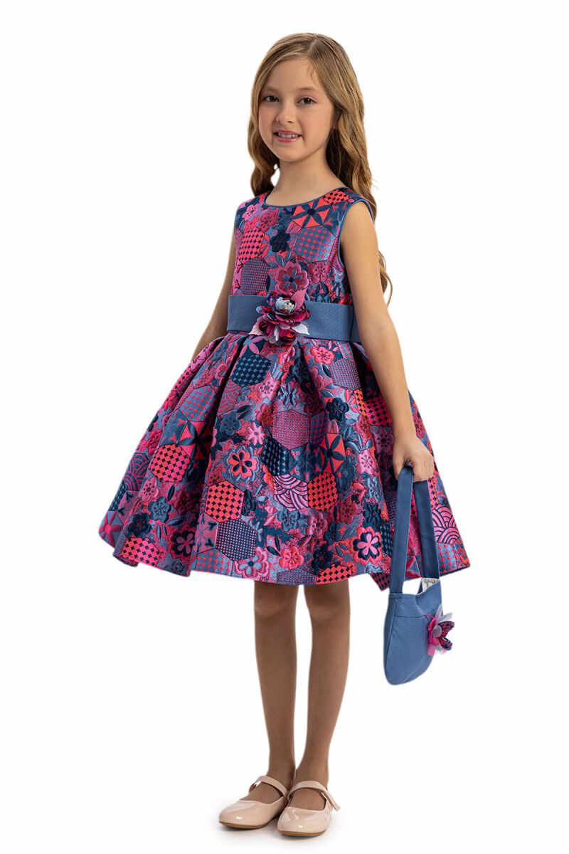 Blue Jacquard Patterned Dress with Matching Bag 3-7 AGE - 5