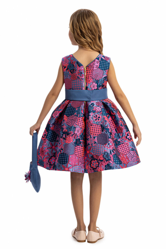 Blue Jacquard Patterned Dress with Matching Bag 3-7 AGE - 8