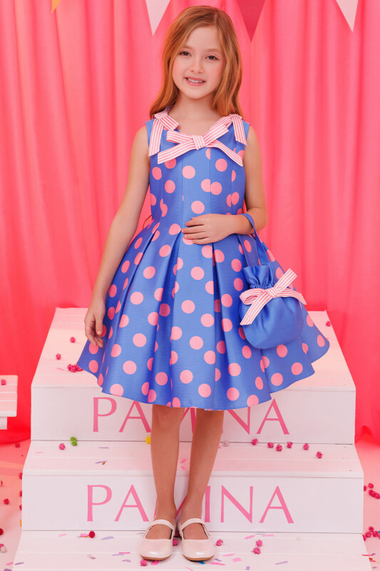 Blue Polka Dot Dress with Matching Bag 3-7 AGE 