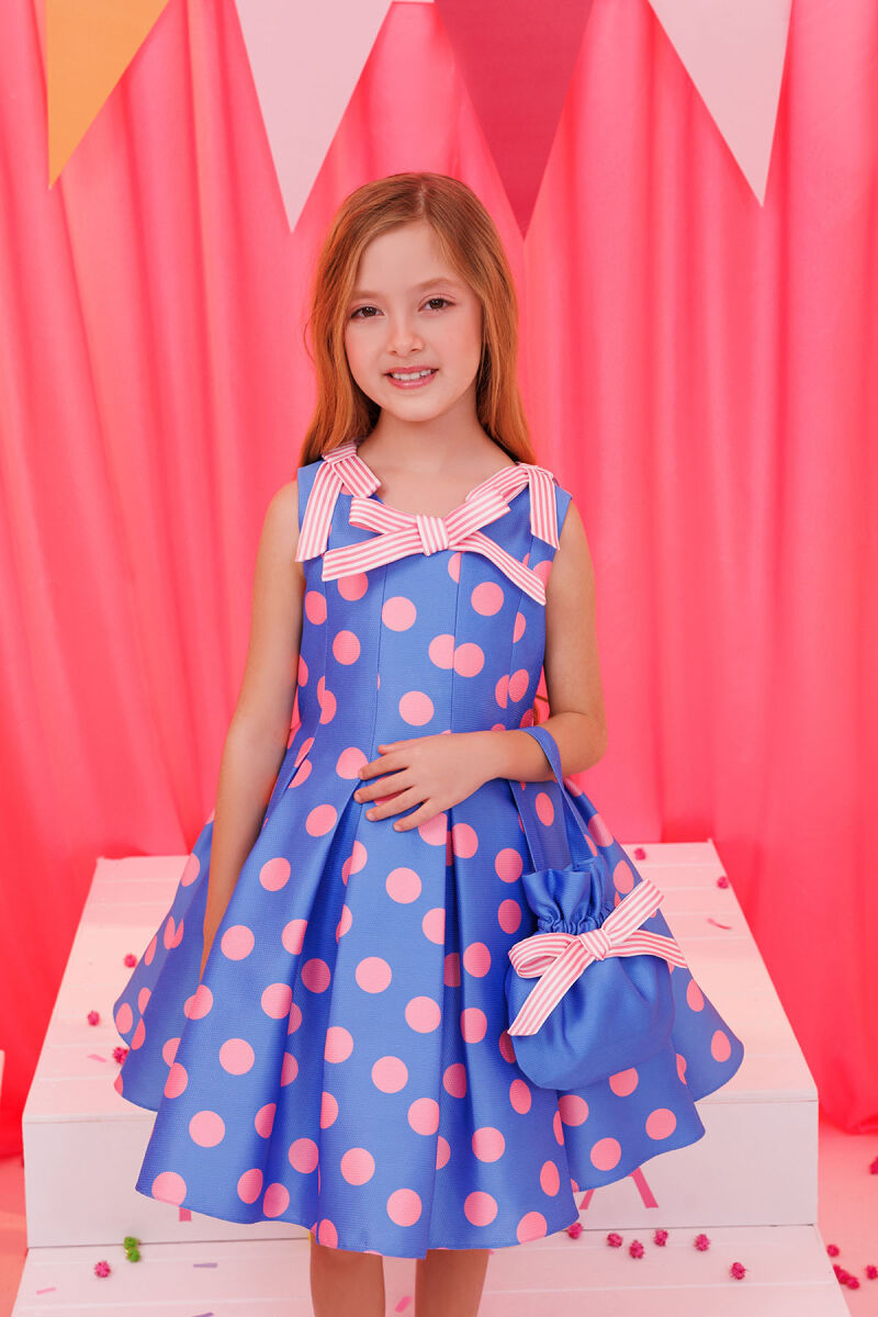 Blue Polka Dot Dress with Matching Bag 3-7 AGE - 2