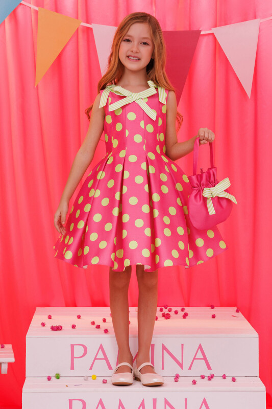 Fuchsia Polka Dot Dress with Matching Bag 3-7 AGE 