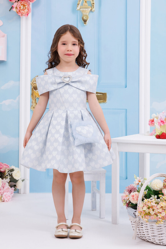 Blue Heart Pattern Dress with Matching Bag 3-7 AGE - 1