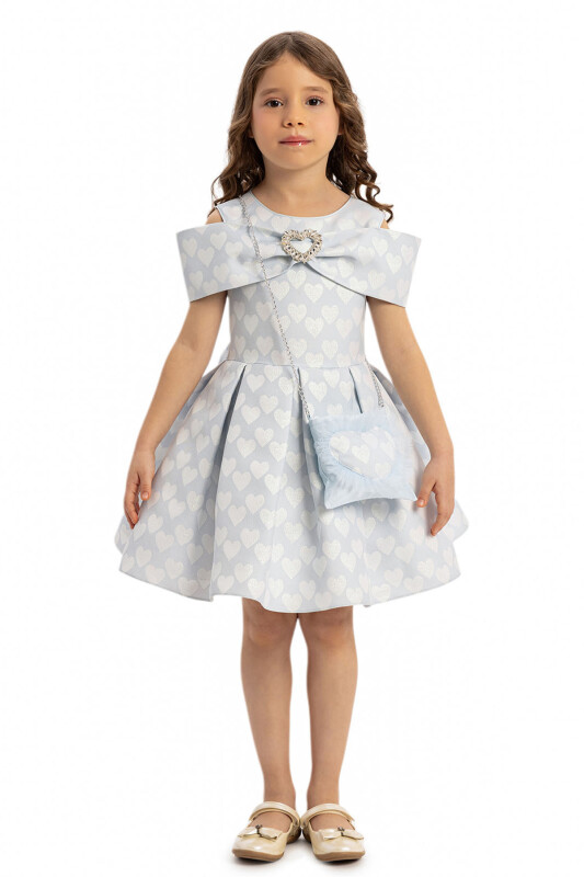 Blue Heart Pattern Dress with Matching Bag 3-7 AGE - 3