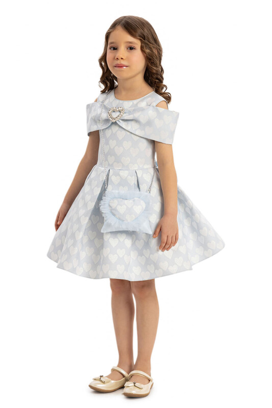 Blue Heart Pattern Dress with Matching Bag 3-7 AGE - 4