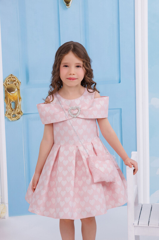 Powder Heart Pattern Dress with Matching Bag 3-7 AGE 