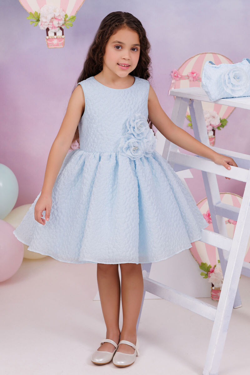 Blue Textured Dress with Matching Bag 3-7 AGE - 1