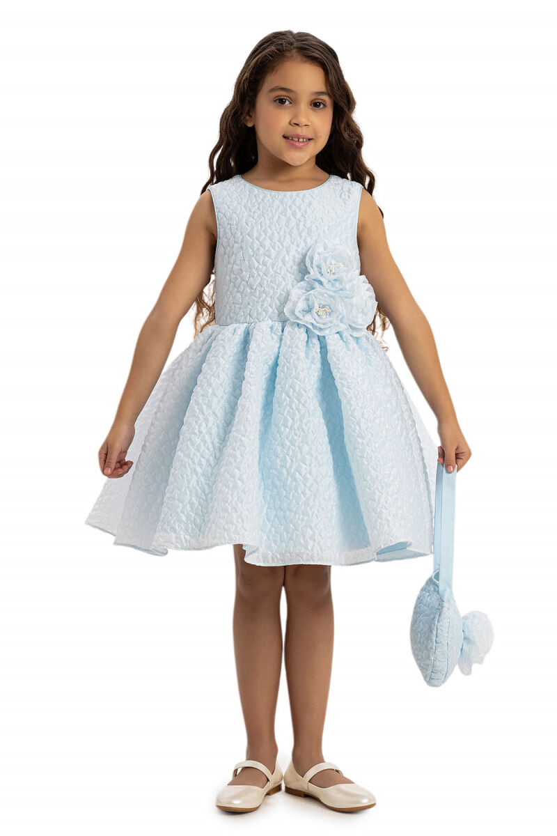 Blue Textured Dress with Matching Bag 3-7 AGE - 3