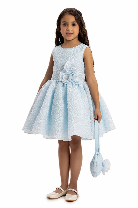 Blue Textured Dress with Matching Bag 3-7 AGE - 4