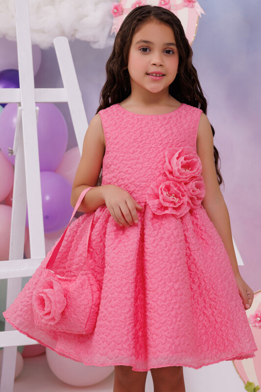 Fuchsia Textured Dress with Matching Bag 3-7 AGE - 1