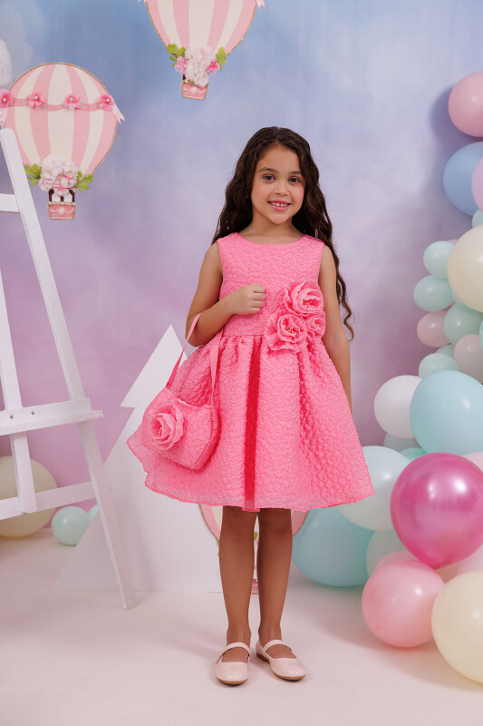 Fuchsia Textured Dress with Matching Bag 3-7 AGE - 2