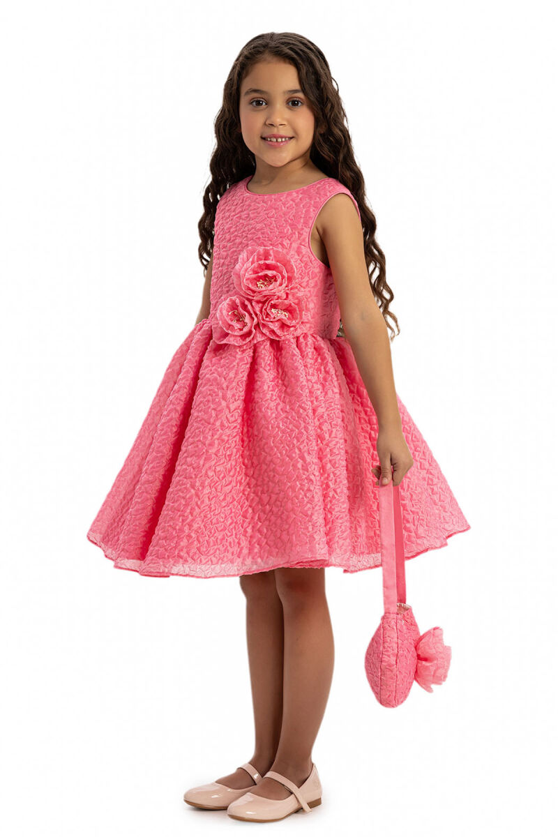 Fuchsia Textured Dress with Matching Bag 3-7 AGE - 5