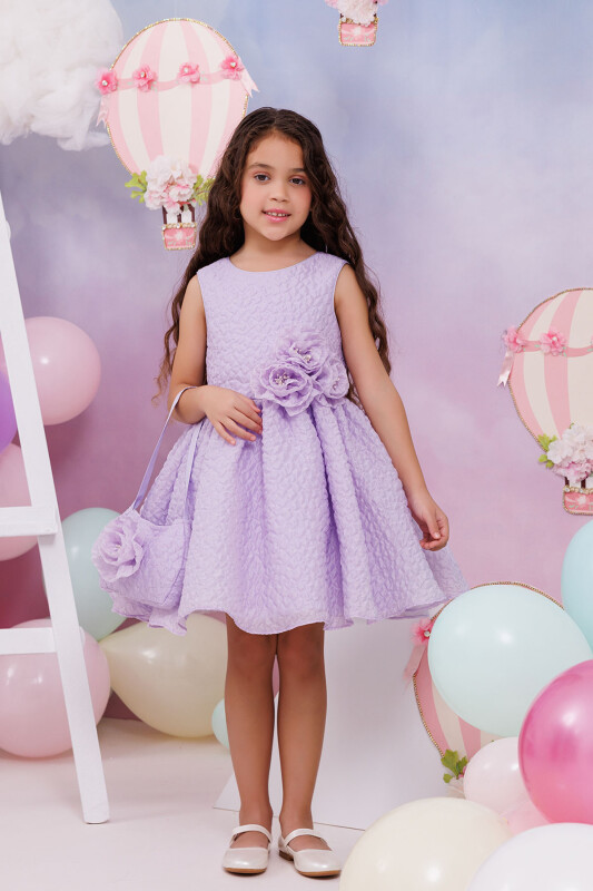 Lilac Textured Dress with Matching Bag 3-7 AGE - 3