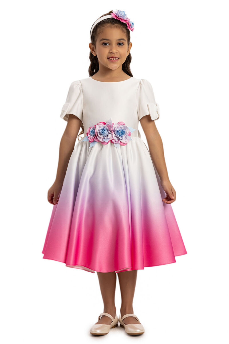 Fuchsia Ombre Satin Dress with Floral Hair Accessory 3-7 AGE - 4