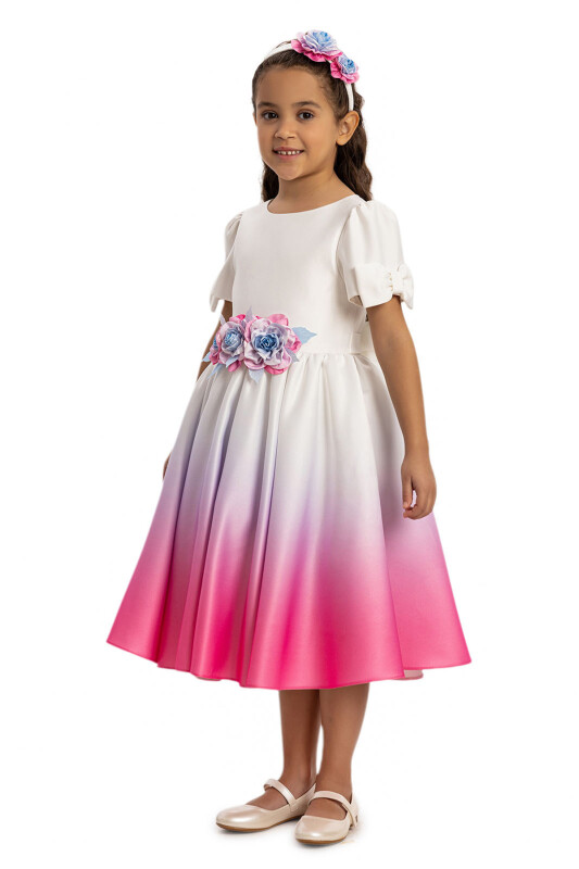 Fuchsia Ombre Satin Dress with Floral Hair Accessory 3-7 AGE - 5