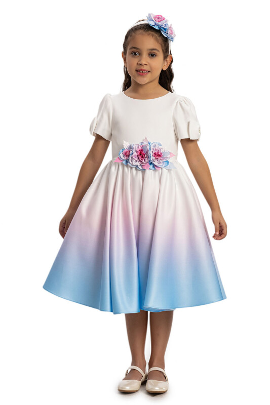 Blue Ombre Satin Dress with Floral Hair Accessory 3-7 AGE 