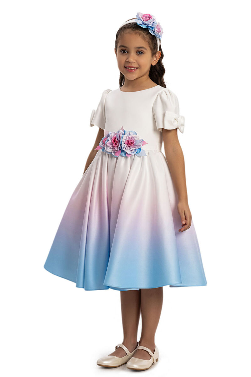 Blue Ombre Satin Dress with Floral Hair Accessory 3-7 AGE - 2