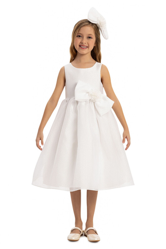 Ecru Bow Dress with Hair Accessory 3-7 AGE 