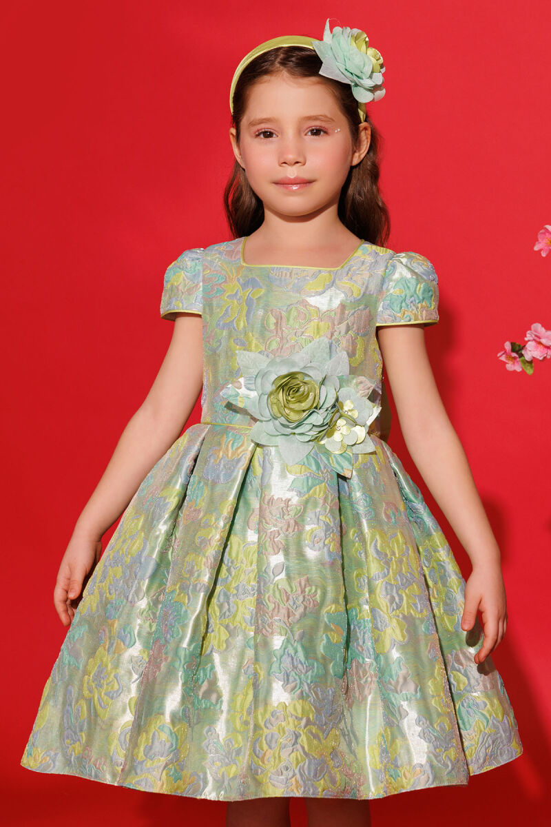 Green Floral Dress with Hair Accessory 3-7 AGE - 1