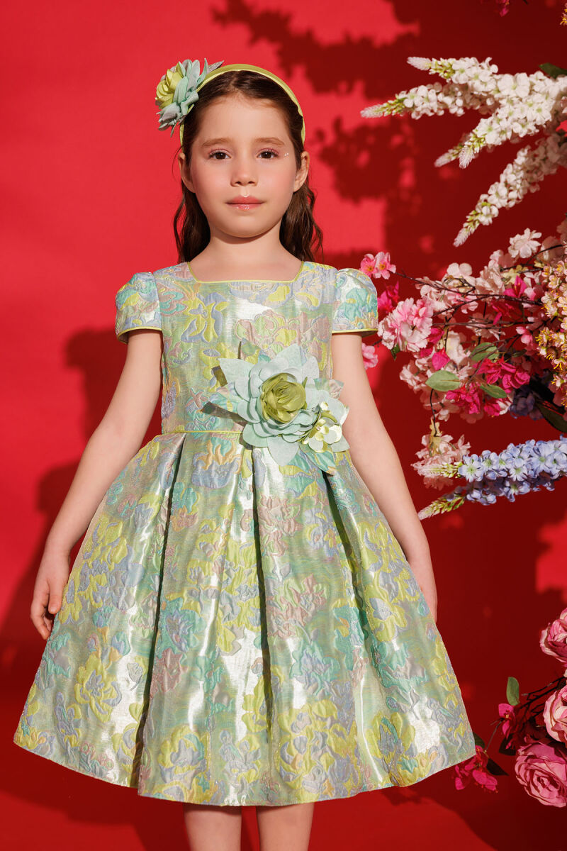 Green Floral Dress with Hair Accessory 3-7 AGE - 3