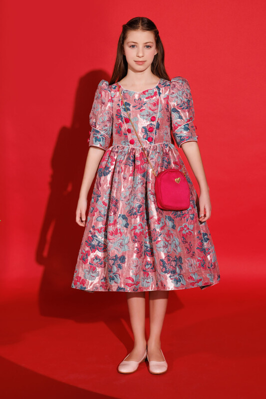 Fuchsia Jacquard Dress with Bag 8-14 AGE - 3