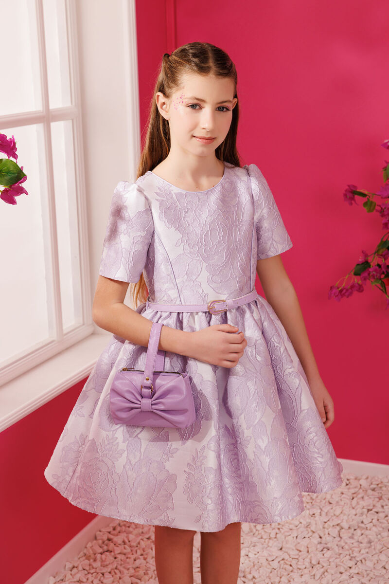 Lilac Jacquard Dress with Belt and Handag 8-14 AGE - 2