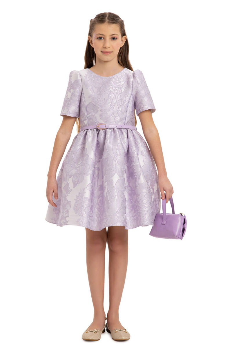 Lilac Jacquard Dress with Belt and Handag 8-14 AGE - 4