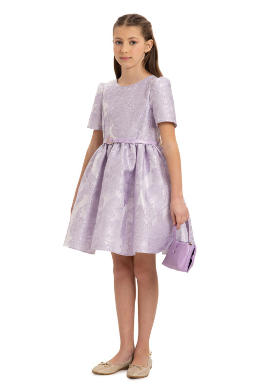 Lilac Jacquard Dress with Belt and Handag 8-14 AGE - 6