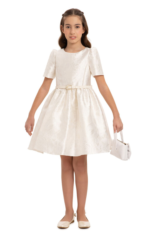 Ecru Jacquard Dress with Belt and Handag 8-14 AGE 