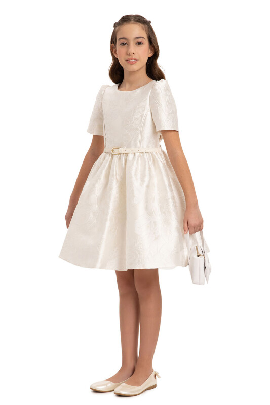 Ecru Jacquard Dress with Belt and Handag 8-14 AGE - 2