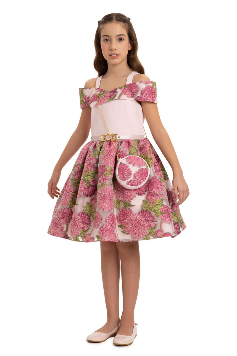 Fuchsia Girls Jacquard Dress with Bag 8-14 AGE - 5