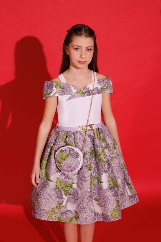 Lilac Girls Jacquard Dress with Bag 8-14 AGE 