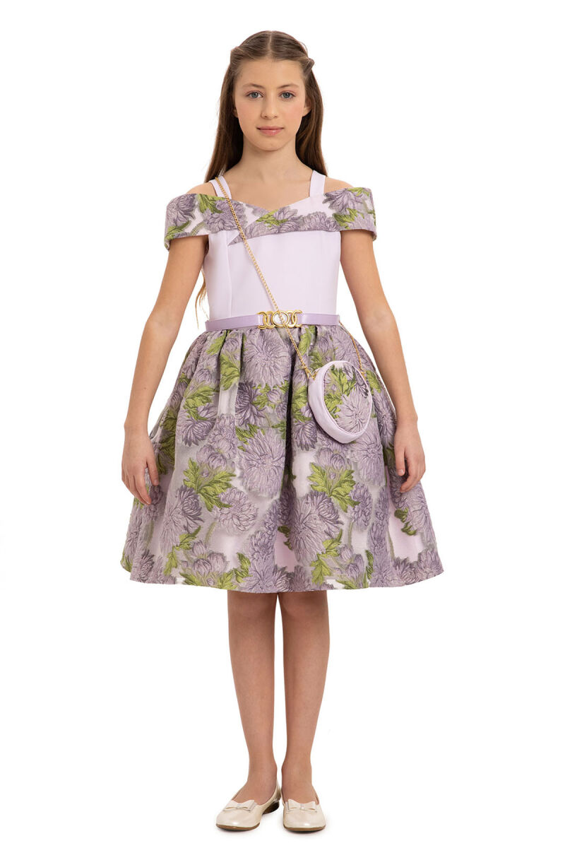 Lilac Girls Jacquard Dress with Bag 8-14 AGE - 3