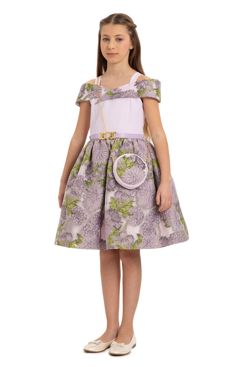 Lilac Girls Jacquard Dress with Bag 8-14 AGE - 4