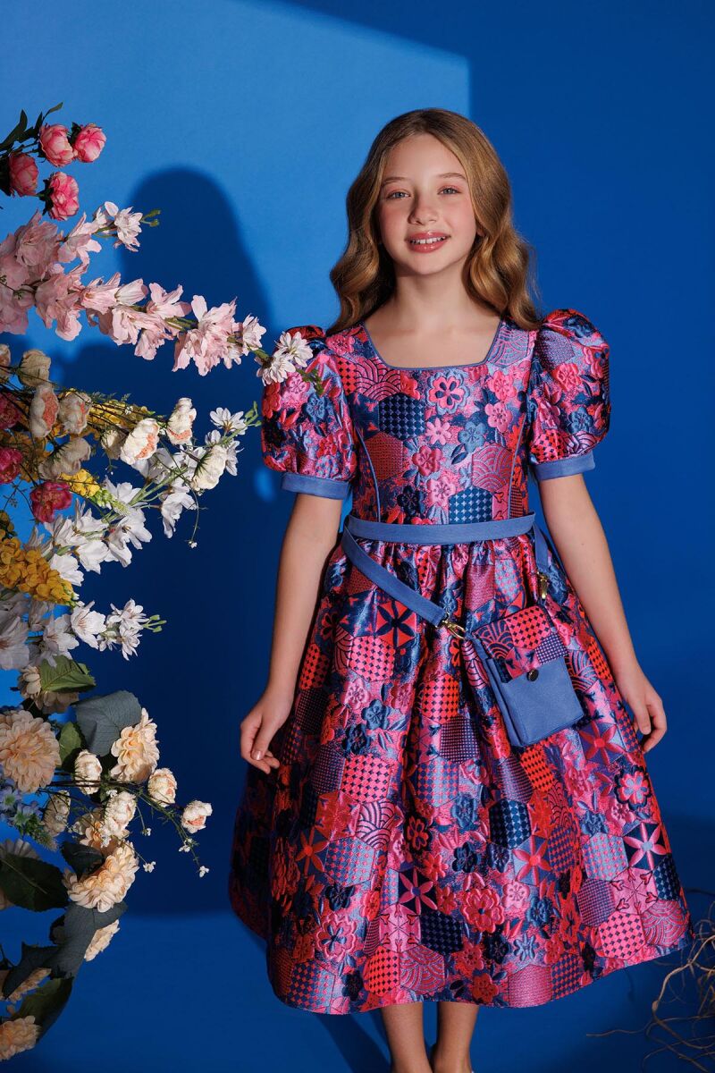 Blue Girls Jacquard Dress with Bag 8-14 AGE - 3