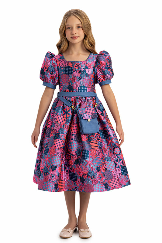 Blue Girls Jacquard Dress with Bag 8-14 AGE - 4